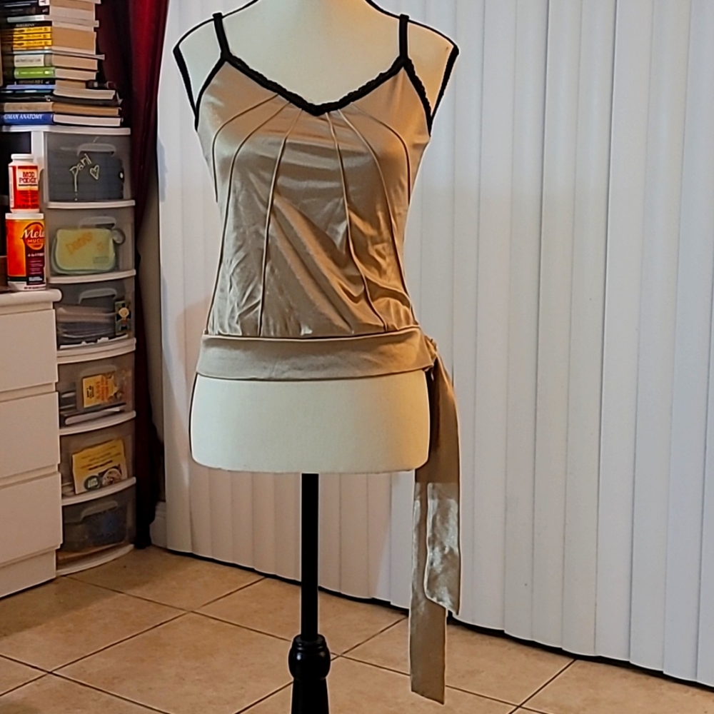 Beige/tan top with black lace trim spaghetti strap top with tie on side Size S